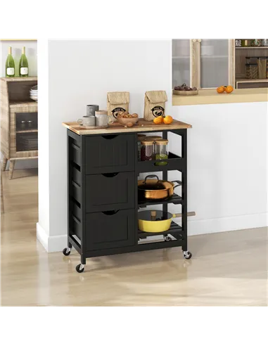 HOMCOM Rolling Kitchen Island Cart, Bar Serving Cart, Compact Trolley on Wheels with Wood Top, Shelves & Drawers for Home Dining