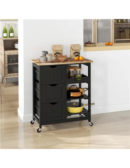 HOMCOM Rolling Kitchen Island Cart, Bar Serving Cart, Compact Trolley on Wheels with Wood Top, Shelves & Drawers for Home Dining