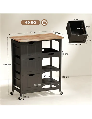 HOMCOM Rolling Kitchen Island Cart, Bar Serving Cart, Compact Trolley on Wheels with Wood Top, Shelves & Drawers for Home Dining