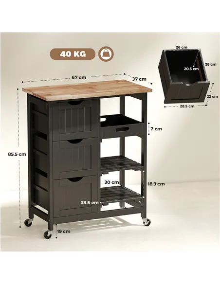 HOMCOM Rolling Kitchen Island Cart, Bar Serving Cart, Compact Trolley on Wheels with Wood Top, Shelves & Drawers for Home Dining