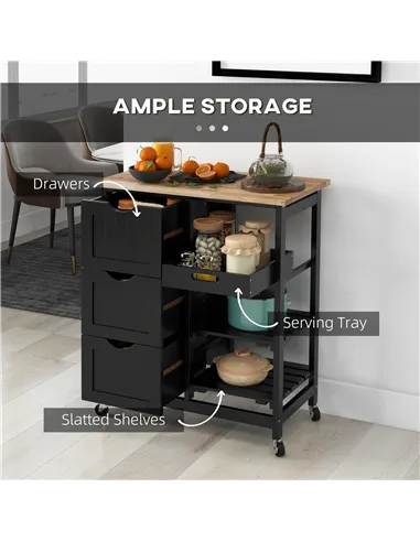 HOMCOM Rolling Kitchen Island Cart, Bar Serving Cart, Compact Trolley on Wheels with Wood Top, Shelves & Drawers for Home Dining