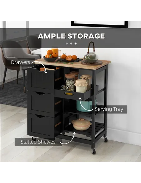 HOMCOM Rolling Kitchen Island Cart, Bar Serving Cart, Compact Trolley on Wheels with Wood Top, Shelves & Drawers for Home Dining