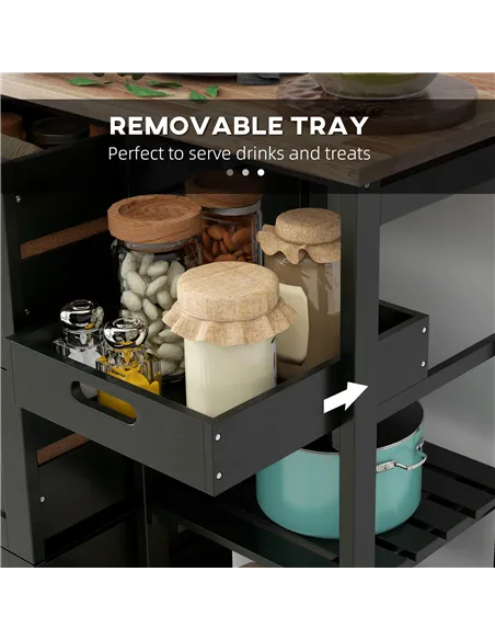 HOMCOM Rolling Kitchen Island Cart, Bar Serving Cart, Compact Trolley on Wheels with Wood Top, Shelves & Drawers for Home Dining