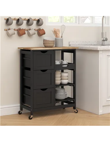 HOMCOM Rolling Kitchen Island Cart, Bar Serving Cart, Compact Trolley on Wheels with Wood Top, Shelves & Drawers for Home Dining