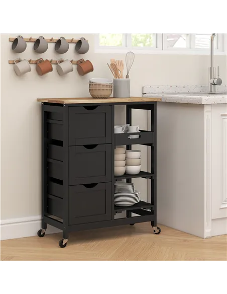 HOMCOM Rolling Kitchen Island Cart, Bar Serving Cart, Compact Trolley on Wheels with Wood Top, Shelves & Drawers for Home Dining