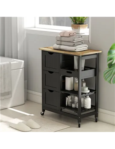 HOMCOM Rolling Kitchen Island Cart, Bar Serving Cart, Compact Trolley on Wheels with Wood Top, Shelves & Drawers for Home Dining