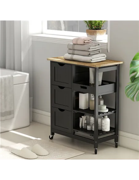 HOMCOM Rolling Kitchen Island Cart, Bar Serving Cart, Compact Trolley on Wheels with Wood Top, Shelves & Drawers for Home Dining