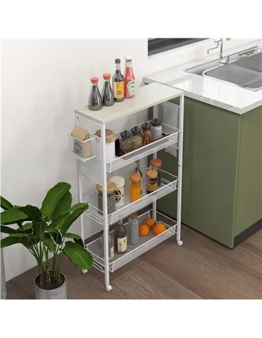 HOMCOM 3-Tier Kitchen Cart with 3 Steel Wire Baskets - White