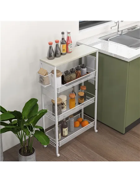 HOMCOM 3-Tier Kitchen Cart with 3 Steel Wire Baskets - White