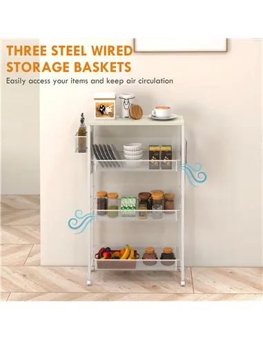 HOMCOM 3-Tier Kitchen Cart with 3 Steel Wire Baskets - White
