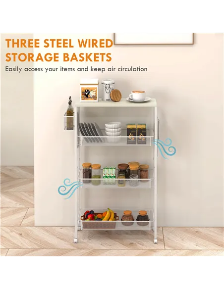 HOMCOM 3-Tier Kitchen Cart with 3 Steel Wire Baskets - White
