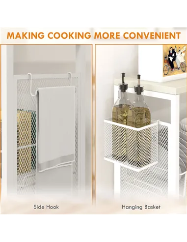 HOMCOM 3-Tier Kitchen Cart with 3 Steel Wire Baskets - White