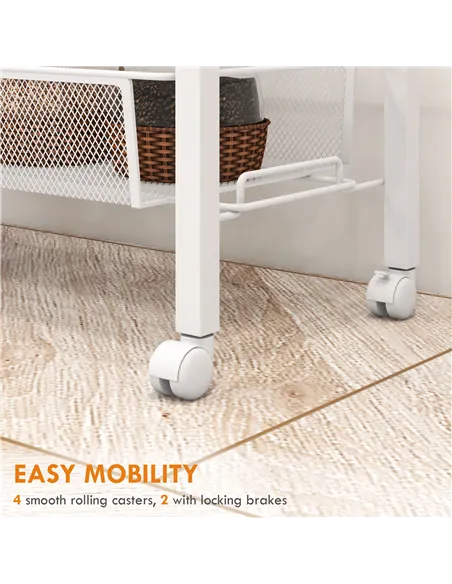 HOMCOM 3-Tier Kitchen Cart with 3 Steel Wire Baskets - White