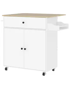 HOMCOM Rolling Kitchen Island with Drop Leaf, Kitchen Storage Cart with Drawer, Spice Rack and Towel Rack, White