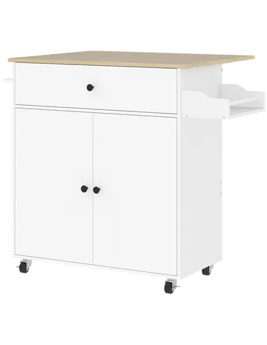 HOMCOM Rolling Kitchen Island with Drop Leaf, Kitchen Storage Cart with Drawer, Spice Rack and Towel Rack, White