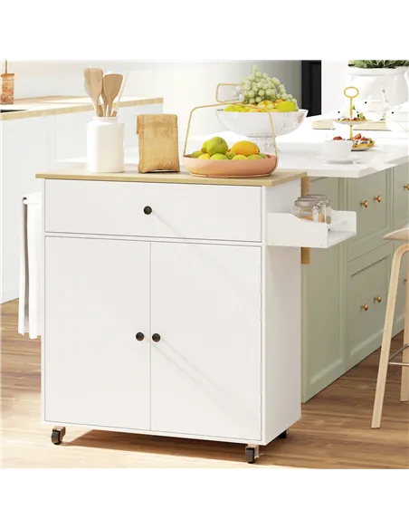 HOMCOM Rolling Kitchen Island with Drop Leaf, Kitchen Storage Cart with Drawer, Spice Rack and Towel Rack, White