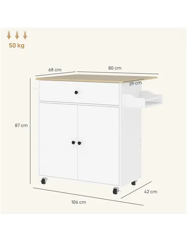 HOMCOM Rolling Kitchen Island with Drop Leaf, Kitchen Storage Cart with Drawer, Spice Rack and Towel Rack, White