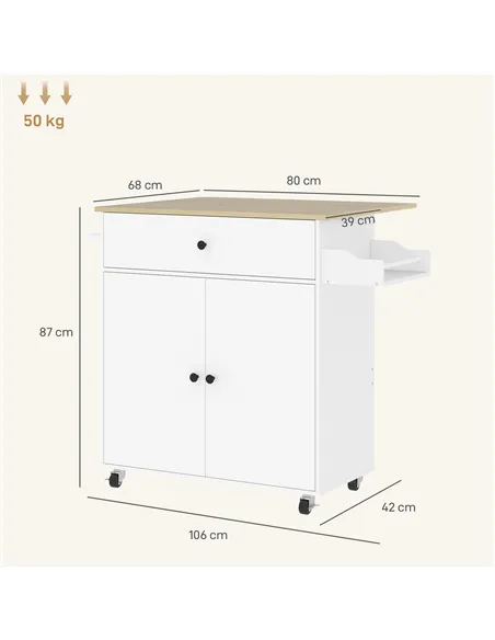 HOMCOM Rolling Kitchen Island with Drop Leaf, Kitchen Storage Cart with Drawer, Spice Rack and Towel Rack, White