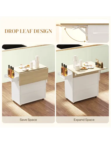 HOMCOM Rolling Kitchen Island with Drop Leaf, Kitchen Storage Cart with Drawer, Spice Rack and Towel Rack, White