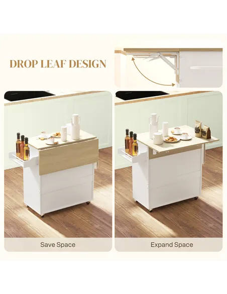 HOMCOM Rolling Kitchen Island with Drop Leaf, Kitchen Storage Cart with Drawer, Spice Rack and Towel Rack, White
