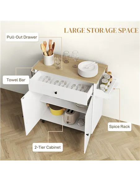 HOMCOM Rolling Kitchen Island with Drop Leaf, Kitchen Storage Cart with Drawer, Spice Rack and Towel Rack, White