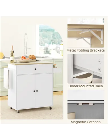 HOMCOM Rolling Kitchen Island with Drop Leaf, Kitchen Storage Cart with Drawer, Spice Rack and Towel Rack, White