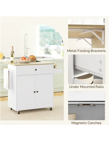 HOMCOM Rolling Kitchen Island with Drop Leaf, Kitchen Storage Cart with Drawer, Spice Rack and Towel Rack, White