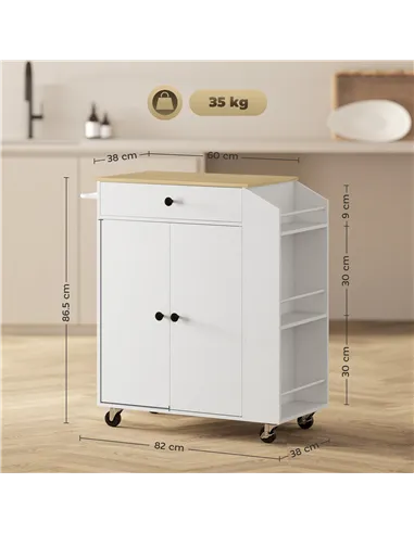 HOMCOM Rolling Kitchen Island with 3-Tier Spice Rack, Kitchen Storage Cart with Drawer and Towel Rack, White