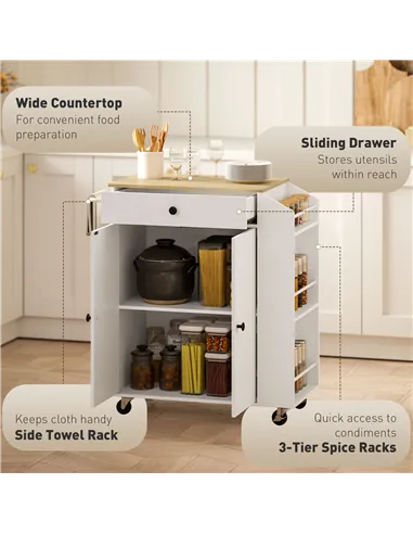 HOMCOM Rolling Kitchen Island with 3-Tier Spice Rack, Kitchen Storage Cart with Drawer and Towel Rack, White