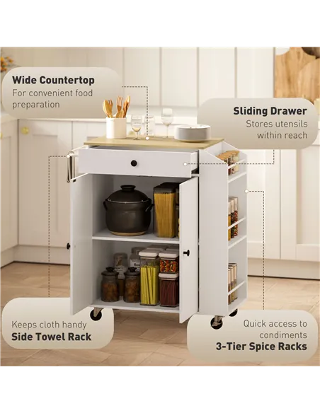HOMCOM Rolling Kitchen Island with 3-Tier Spice Rack, Kitchen Storage Cart with Drawer and Towel Rack, White