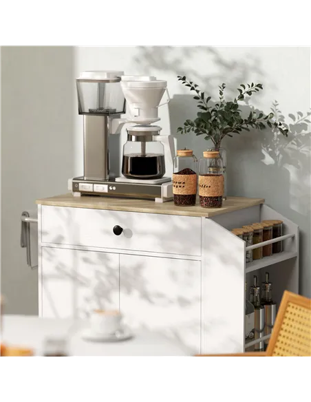 HOMCOM Rolling Kitchen Island with 3-Tier Spice Rack, Kitchen Storage Cart with Drawer and Towel Rack, White