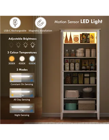 HOMCOM 176.5 cm Tall Pantry Cupboard with Motion Sensor LED Light - White