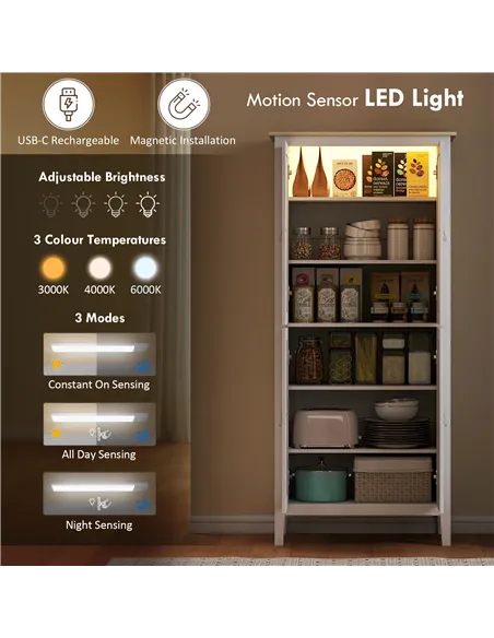 HOMCOM 176.5 cm Tall Pantry Cupboard with Motion Sensor LED Light - White