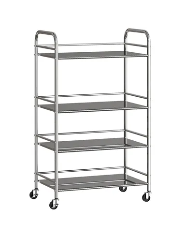 HOMCOM 4 Tier Stainless Steel Kitchen Storage Trolley with Adjustable Shelves - Silver