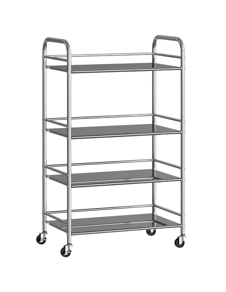 HOMCOM 4 Tier Stainless Steel Kitchen Storage Trolley with Adjustable Shelves - Silver