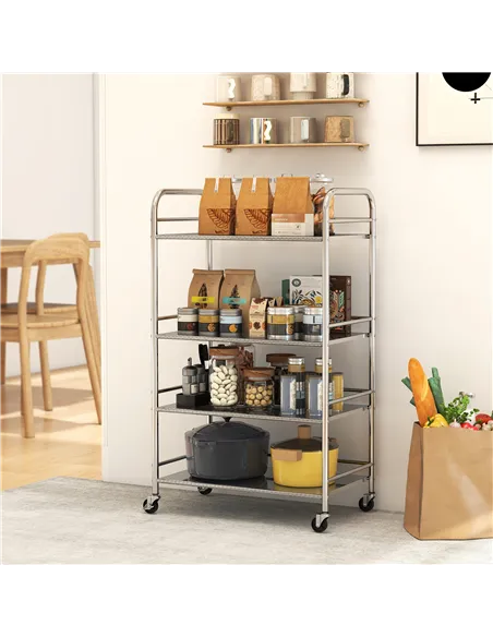 HOMCOM 4 Tier Stainless Steel Kitchen Storage Trolley with Adjustable Shelves - Silver