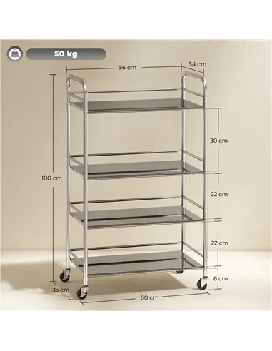 HOMCOM 4 Tier Stainless Steel Kitchen Storage Trolley with Adjustable Shelves - Silver