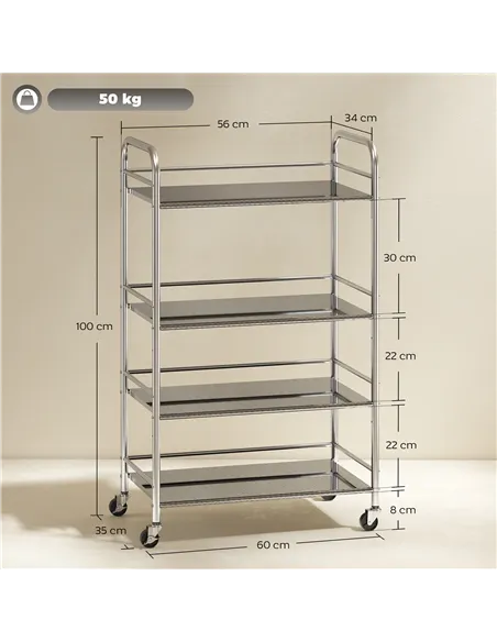 HOMCOM 4 Tier Stainless Steel Kitchen Storage Trolley with Adjustable Shelves - Silver