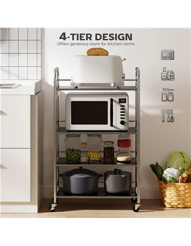 HOMCOM 4 Tier Stainless Steel Kitchen Storage Trolley with Adjustable Shelves - Silver