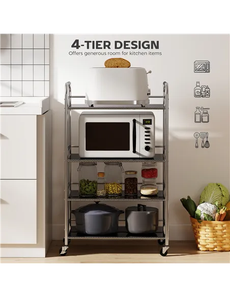 HOMCOM 4 Tier Stainless Steel Kitchen Storage Trolley with Adjustable Shelves - Silver