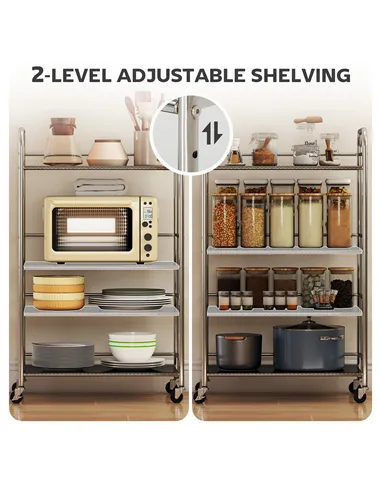 HOMCOM 4 Tier Stainless Steel Kitchen Storage Trolley with Adjustable Shelves - Silver