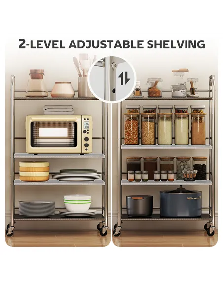 HOMCOM 4 Tier Stainless Steel Kitchen Storage Trolley with Adjustable Shelves - Silver