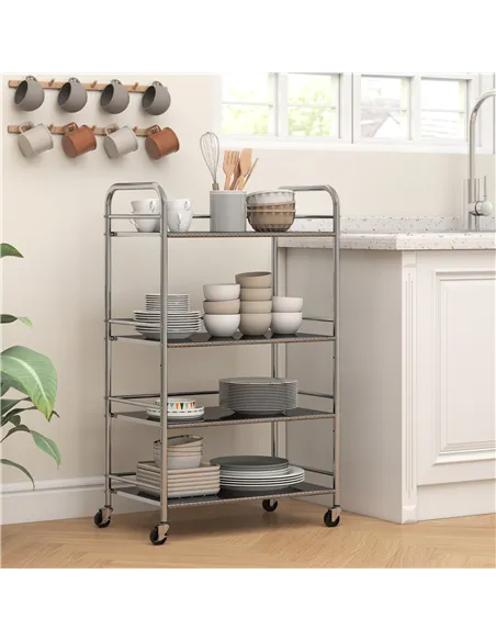 HOMCOM 4 Tier Stainless Steel Kitchen Storage Trolley with Adjustable Shelves - Silver