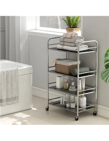 HOMCOM 4 Tier Stainless Steel Kitchen Storage Trolley with Adjustable Shelves - Silver