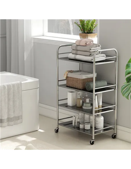 HOMCOM 4 Tier Stainless Steel Kitchen Storage Trolley with Adjustable Shelves - Silver