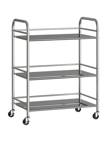 HOMCOM 3 Tier Stainless Steel Kitchen Storage Trolley with Adjustable Shelf - Silver