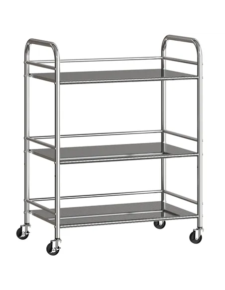 HOMCOM 3 Tier Stainless Steel Kitchen Storage Trolley with Adjustable Shelf - Silver