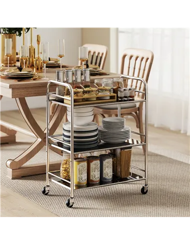 HOMCOM 3 Tier Stainless Steel Kitchen Storage Trolley with Adjustable Shelf - Silver