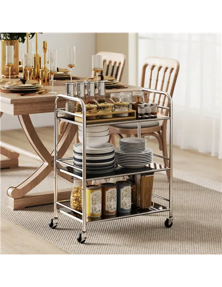 HOMCOM 3 Tier Stainless Steel Kitchen Storage Trolley with Adjustable Shelf - Silver