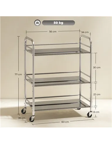 HOMCOM 3 Tier Stainless Steel Kitchen Storage Trolley with Adjustable Shelf - Silver